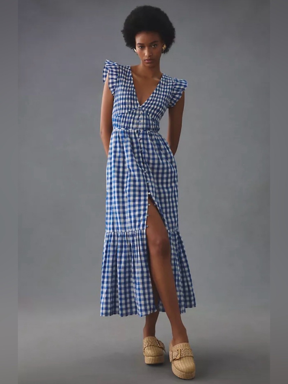 Anthropologie Peregrine Blue Gingham Smocked Maxi Midi Dress Cottagecore S NWOT